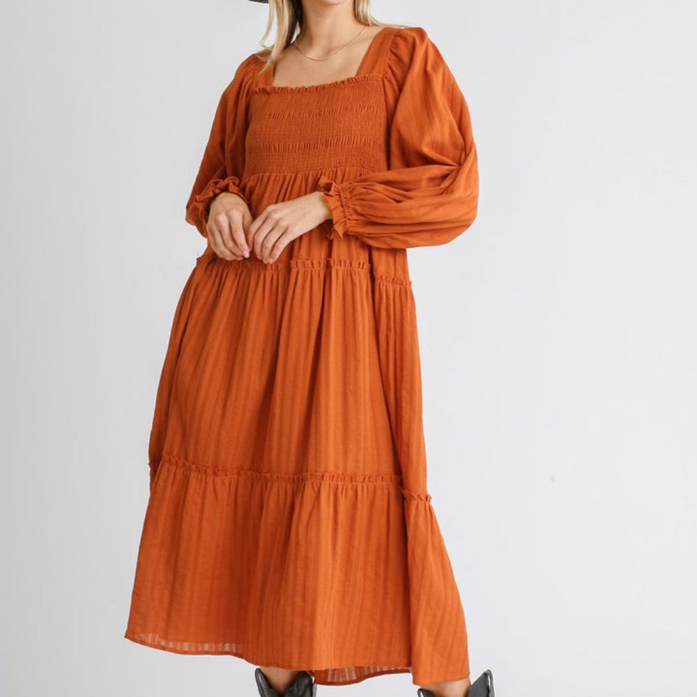 Women's Ruffle Cuffed Long Sleeve Square Neckline Smocked Peasant Midi Dress NWT